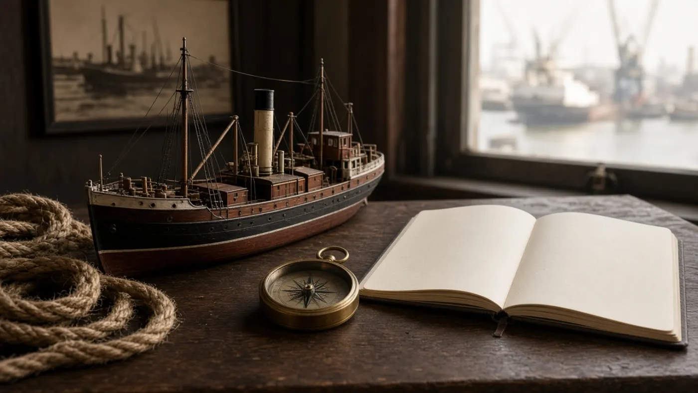 Scheepsmodel, kompas en touwwerk op een studietafel voor maritieme begrippen in Rotterdam