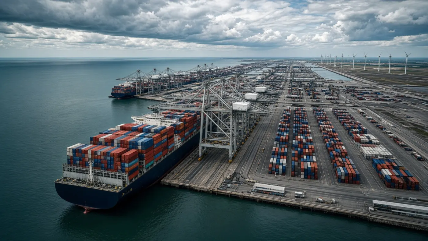 Containerschip en havenkranen op de Maasvlakte in de zeewaartse haven van Rotterdam