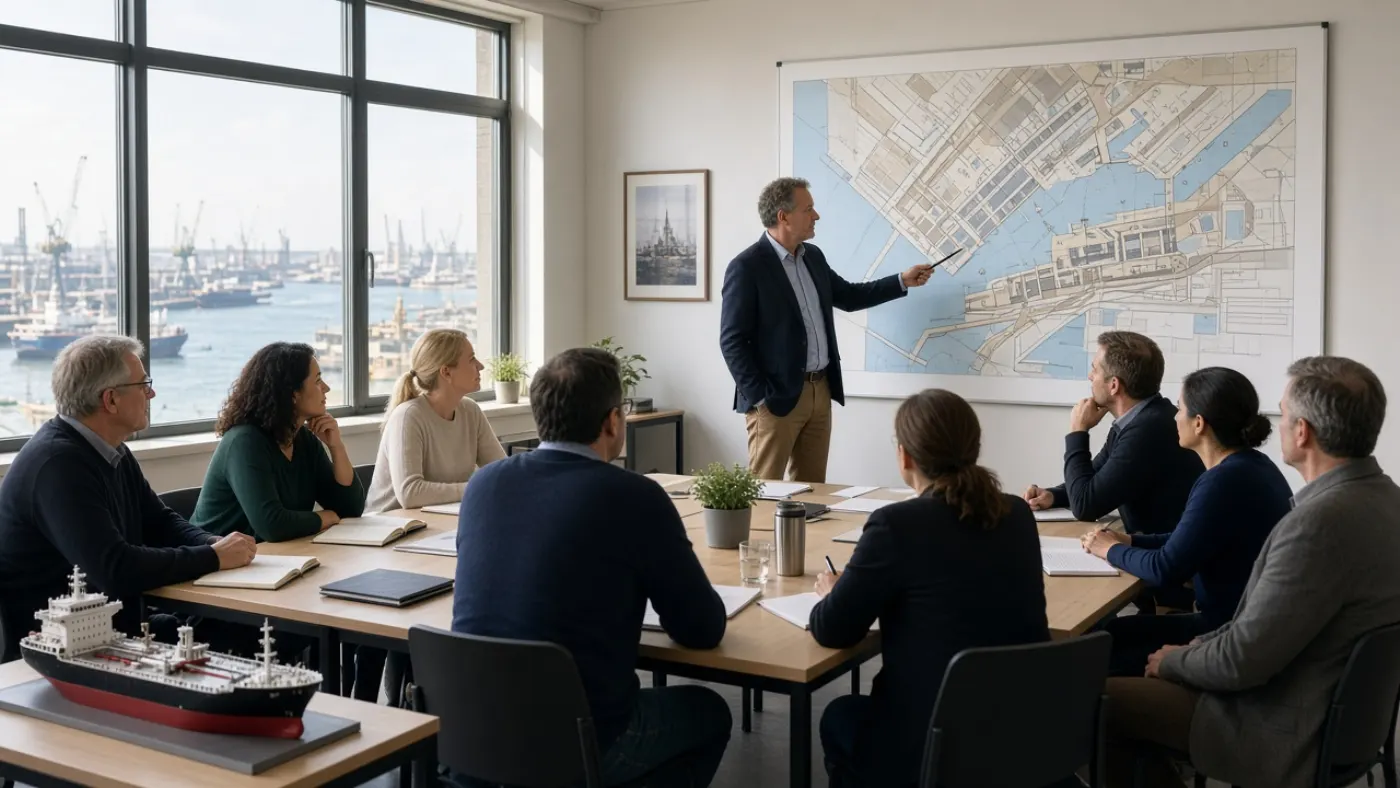 Volwassenen in een seminar over havenkaarten tijdens een leerlijn in Rotterdam