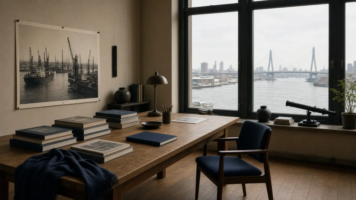 Werkatelier van KennisNL met havenboeken en uitzicht op de rivier in Rotterdam