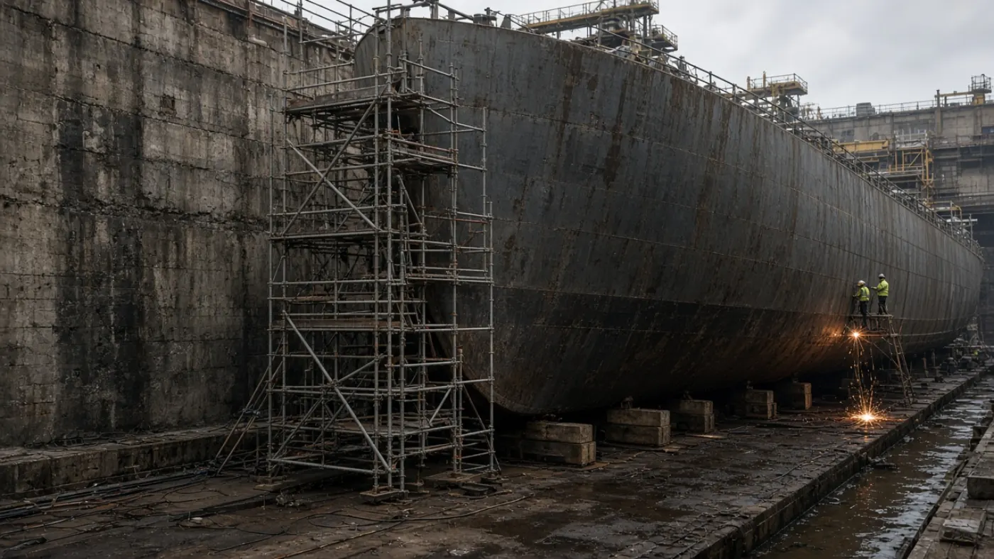 Stalen scheepsromp in een historisch droogdok tijdens herstelwerk in de Rotterdamse scheepsbouw