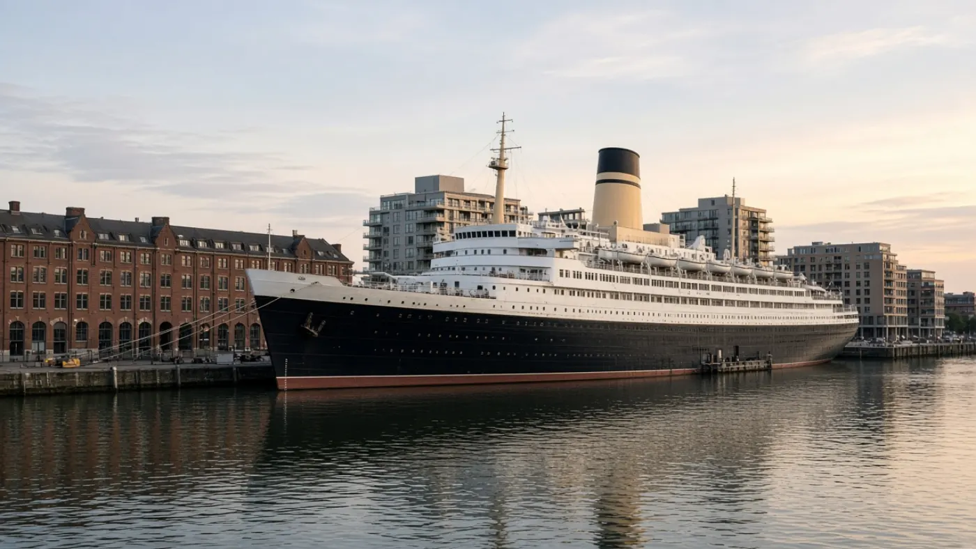 Groot wit passagiersschip als maritiem erfgoed afgemeerd aan de kade bij Katendrecht Rotterdam