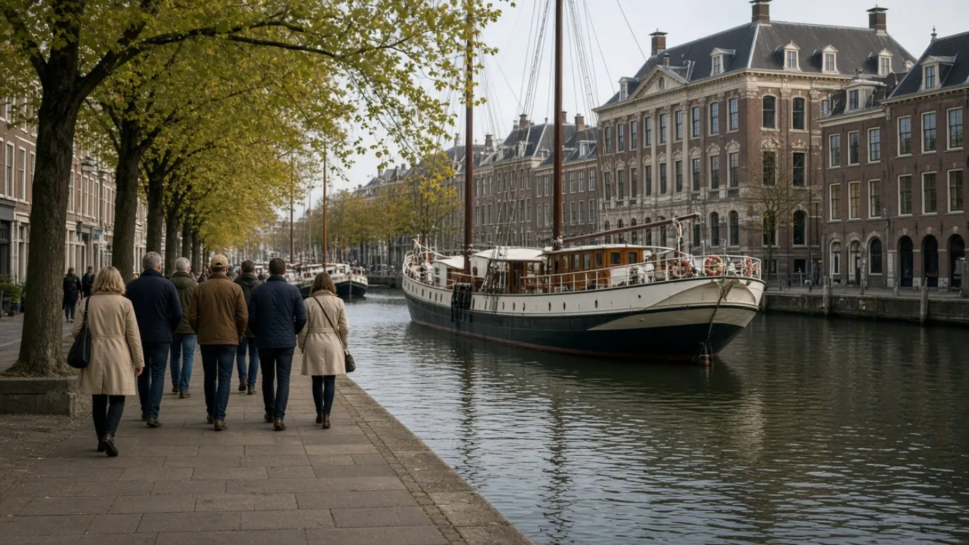 Wandelgroep op de kade van het Scheepvaartkwartier bij een klassiek schip in Rotterdam